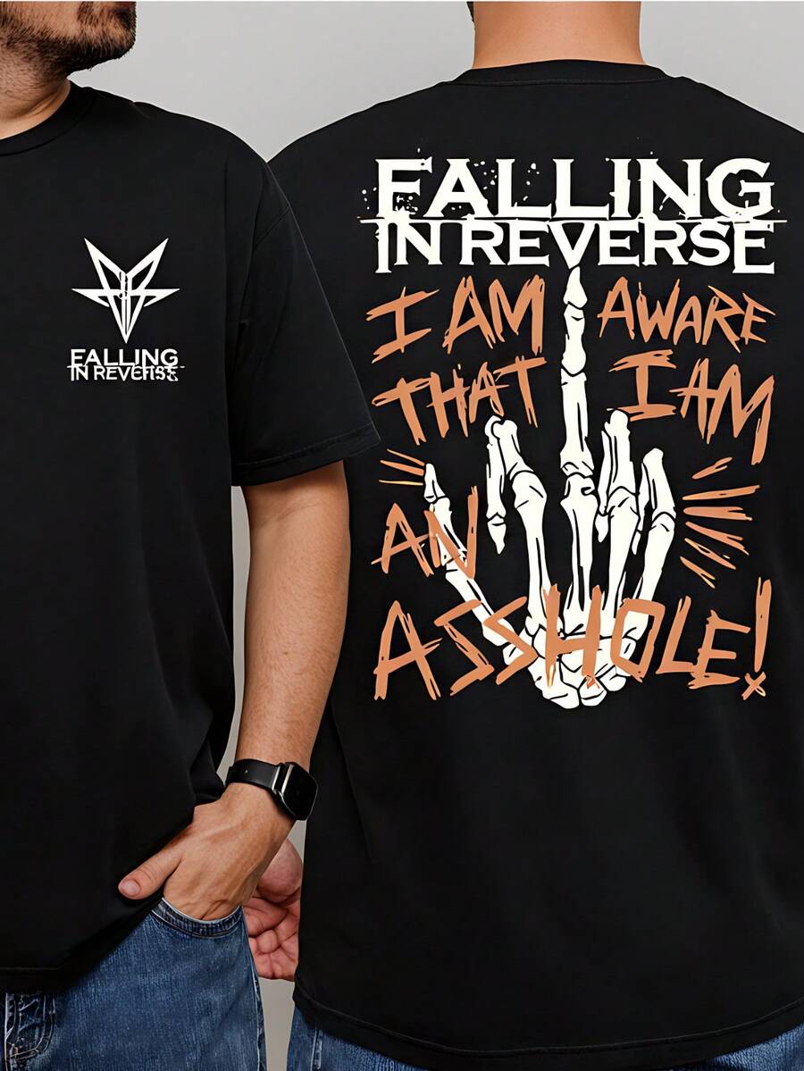Falling In Reverse Graphic T-Shirt For Men - 100% Cotton Skeleton Hand Print, Bold And Edgy Design, Perfect For Music Festivals And Concerts,  Streetwear Style, Unique Gift IdeaFalling In Reverse Graphic T-Shirt For Men - 100% Cotton Skeleton Hand Print, Bold And Edgy Design, Perfect For Music Festivals And Concerts,  Streetwear Style, Unique Gift Idea - 黑色 - 查看 1