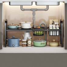 SpaceSaving Adjustable Under Sink Organizer 1/2-Tier With Non-Slip Pads - Expandable Kitchen/Bathroom Storage Rack, Rustproof Steel Shelf For Cabinets & Countertops (UK Stock) - Black - View 5