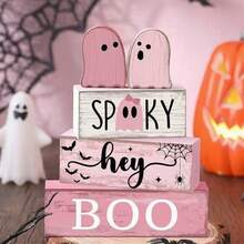 5Pcs Halloween Tiered Tray Decor Set Pink Small Ghost Wooden Blocks Table Decorations Signs