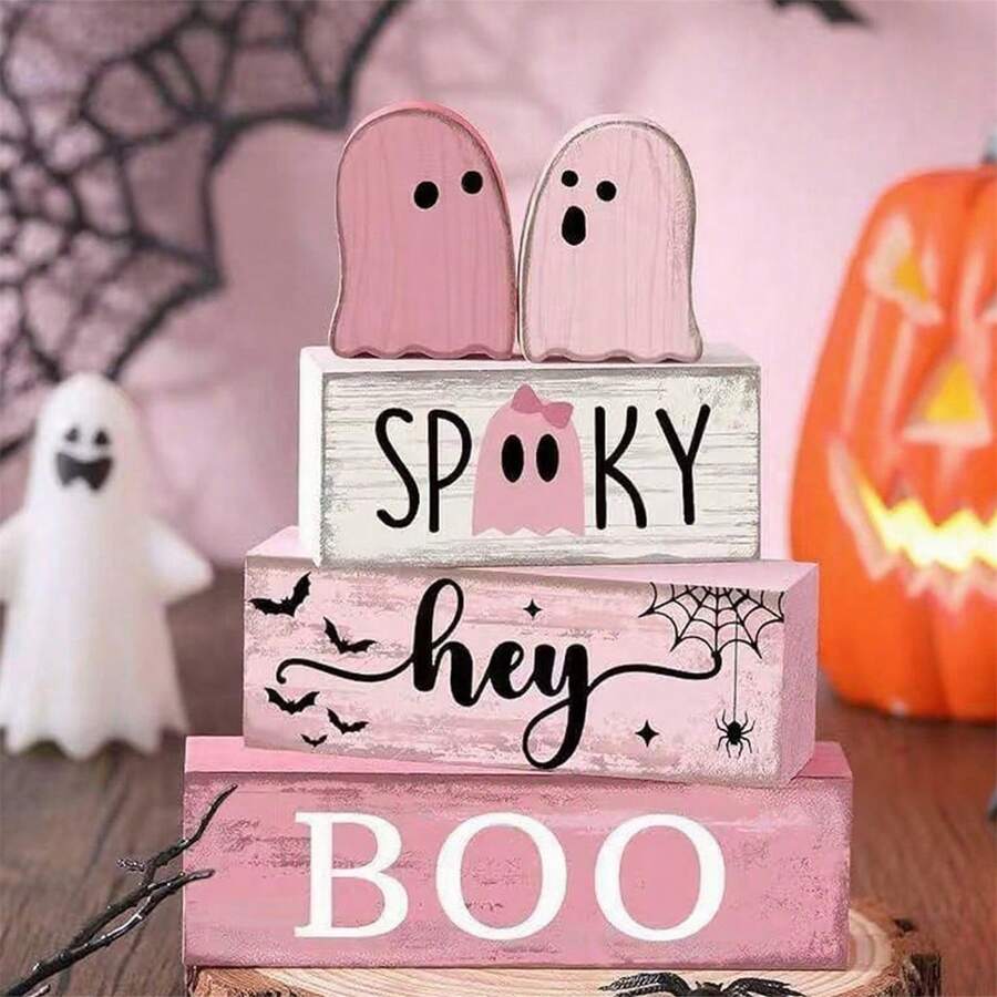 5Pcs Halloween Tiered Tray Decor Set Pink Small Ghost Wooden Blocks Table Decorations Signs