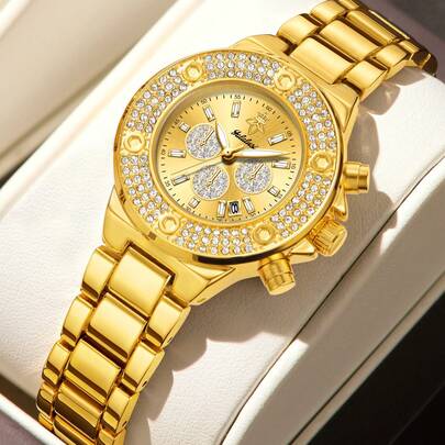 YaLaLuSi YaLaLuSi Brand 1 Piece Golden Luxury Versatile New Women's Quartz Watch Sparkling Rhinestone Accents Luminous Hands Night Reading Bar Index Calendar Function Classic Fashion Round Dial Lightweight Comfortable Strap Design Comes With Strap Adjuster And Jewelry Polishing Cloth Original Women's Gift For Family, Best Friends, Sisters, Holidays, And Birthdays