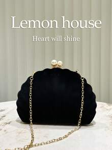 1 件复古优雅新中式天鹅绒贝壳形晚宴包，配珍珠手链，适合宴会、婚礼、派对等正式场合，是送给女性的绝佳礼物 - 黑色 - 查看 2