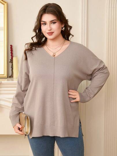 DEARCASE Maglione oversize con scollo a V, spalle cadenti e orlo con spacco, maniche lunghe