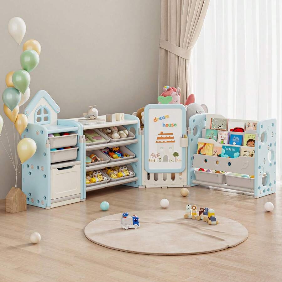Foldable Kids Toy Storage Organizer With 10 Removable Bins And 3-Tier Bookshelf, 3 In 1 And 4 In 1 Multifunctional Large Toy Organizer With Drawing Board For Kids Bedroom Playroom Living Room - 4 in 1 Off-Light Blue - 查看 1