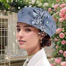 Women Beret Hat With Pearl Flower Breathable Brimless Cap  Fascinators Hats For Tea Party Stage - 灰色 - 查看 5