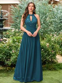 MIUSOL Đầm dạ hội hở lưng, chất liệu chiffon phối ren hoa đính sequin, màu tương phản, xếp ly, thích hợp cho khách dự đám cưới, lễ tốt nghiệp, tiệc chiêu đãi và các dịp khác trong mùa hè. - Màu xanh bụi bặm - Xem 6