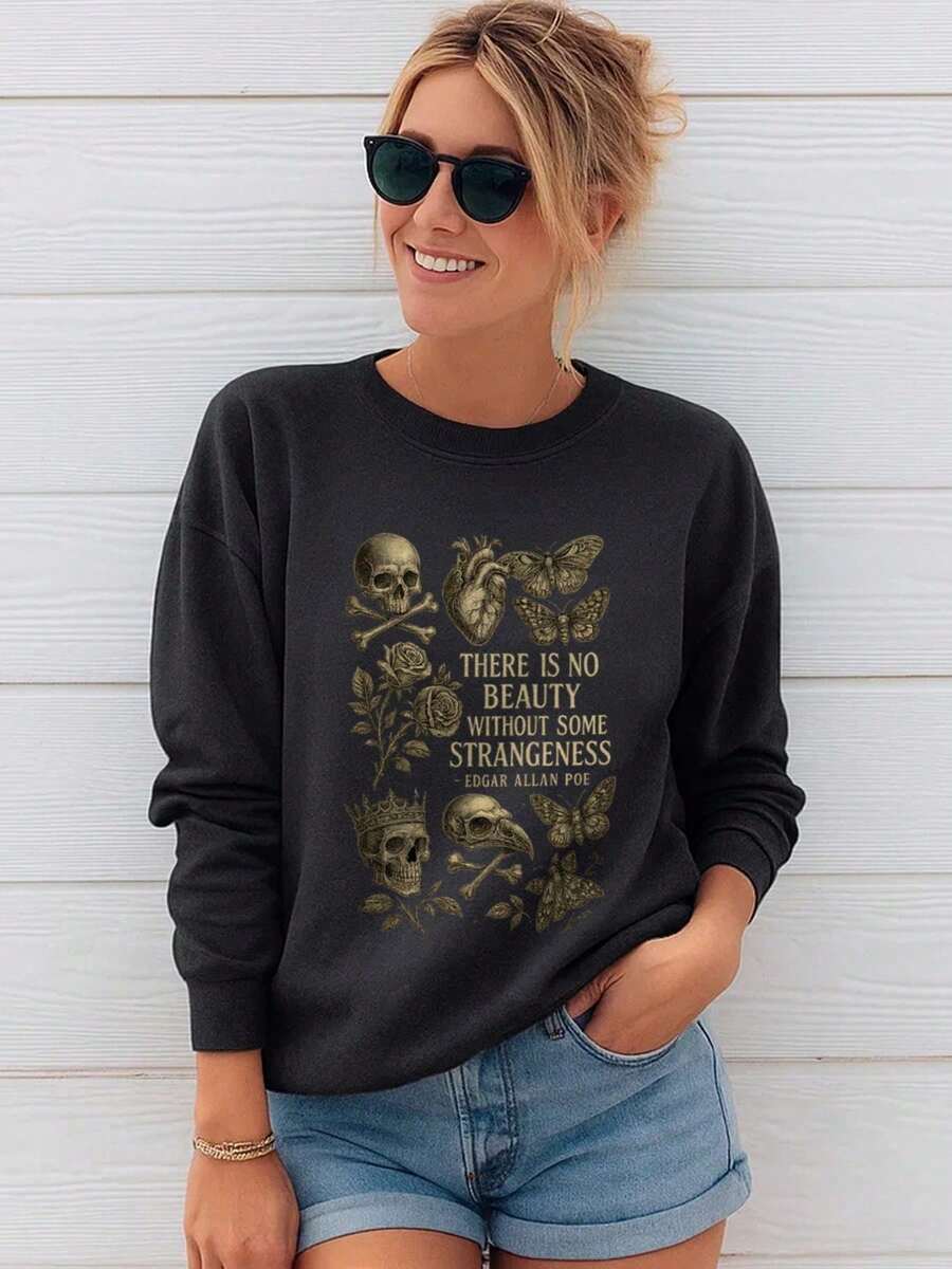 Sweatshirt For Women.Retro Skull Heart Skeleton T-Shirt With Edgar Allan Poe QuoteClothing For Autumn And Winter Seasons - 黑色 - 查看 1