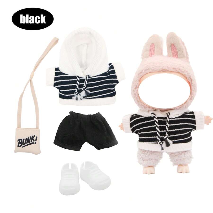 Gestreifter Hoodie und Shorts Sportanzug Set, für LABUBU, kombiniert mit Stofftasche und Schuhen, modische Accessoires, Merchandise, Geburtstags-/Feiertagsgeschenk (ohne Plüschpuppe)