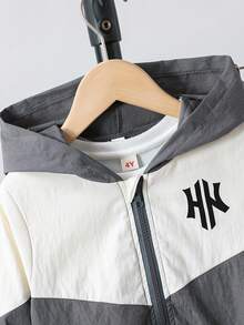 2 Stücke/Set Jungen Lässig Slogan Muster Farbblock Langarm Kapuzen Reißverschluss Jacke und Hose Set, geeignet für Lässig, Sport, Alltag, Schule, Outdoor, Frühling/Herbst