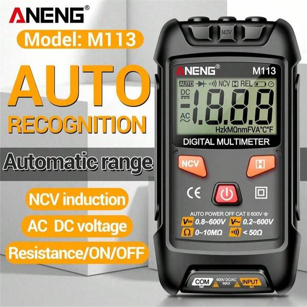 ANENG M113 Auto Recognition Digital Multimeter, Battery Powered ABS Material, Voltage, NCV Induction, Resistance Measurement - 1999 Counts Diagnostic Tool