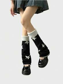 Retro American Style Knitted Leg Warmers, Five-Pointed Star Pattern, Flared Leg, Reversible, Slimming Slouchy Leg Warmers, Fall / Winter