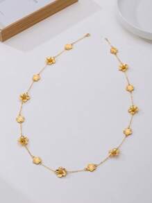 1pc Elegant Luxury Textured Gold Lucky Clover & Daisy Pendant Necklace, Fashion Sweater Chain For Women