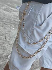 Y2K Light Gold Minimalism Colored Pearls Double Layered Pants Chain Fashionable Men And Women One's Waist Luxury Accessories Hip Hop Jewelry Holiday Gifts