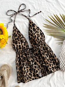 PETITE CURVE Plus Size Petite Women's Casual Halter Tie Neck Leopard Print Backless Camisole Top For Summer Women For Women Boho - Multicolor - Ver 1