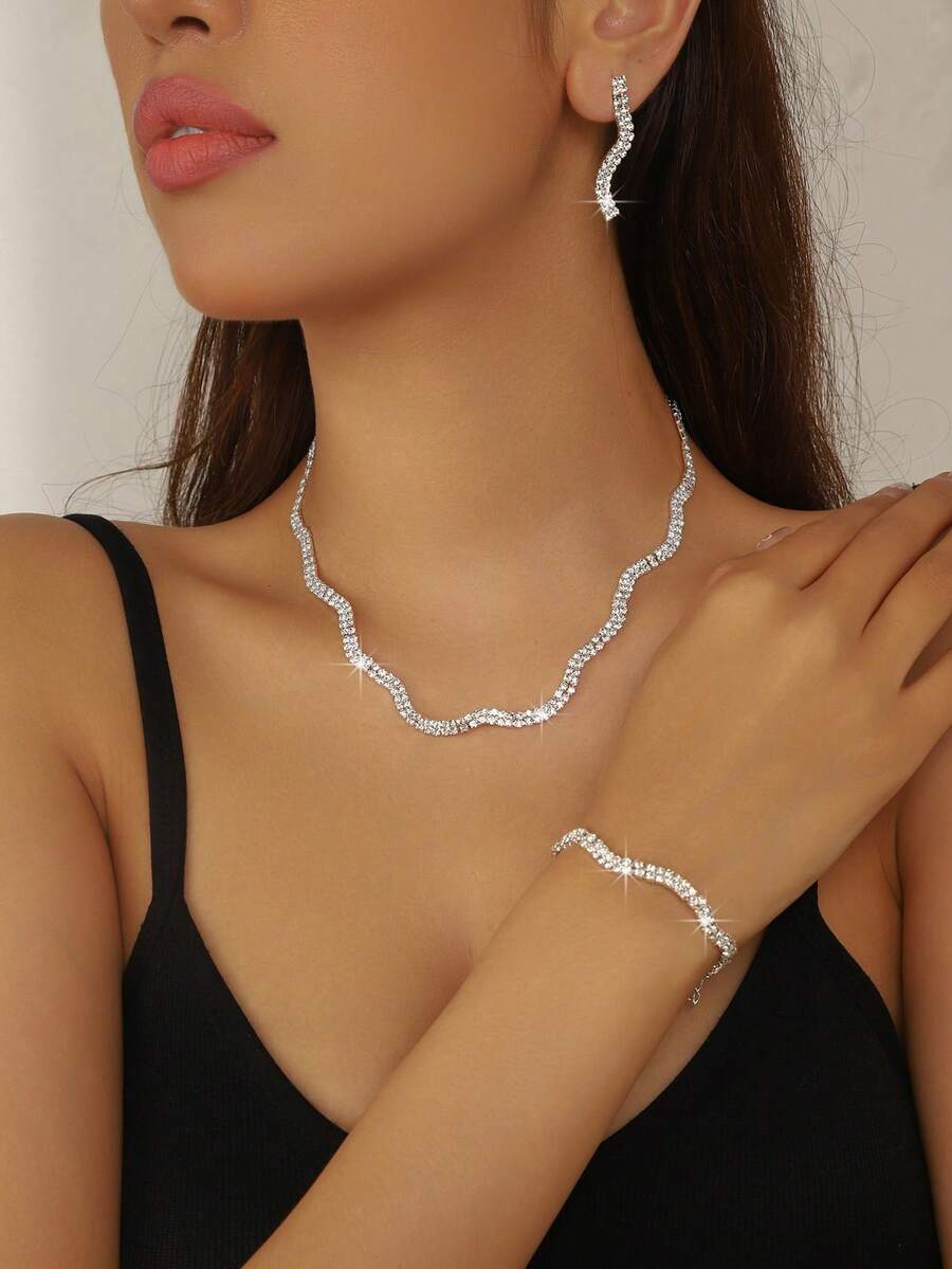 3pcs/Set Sparkling Rhinestone Necklace Set, Bridal Wedding Gothic Style Fashion Jewelry Accessories For Women - Silver - View 1