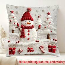 1 buc. Față de pernă cu design de om de zăpadă și brad de Crăciun, imprimare 2D plată, fără broderie, față de pernă scurtă de pluș imprimată pe o singură față, decor de casă de Crăciun, design de pluș de iarnă, închidere cu fermoar, inserția de pernă nu este inclusă, potrivită pentru petreceri de sărbători, dormitor, sufragerie, decor de terasă și verandă, canapea de casă, decorare de pat