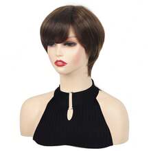 Synthetic Short Pixie Cut Straight Brown Wig With Side Bangs For Women Daily Party Cosplay Fake Hair Heat Resistant