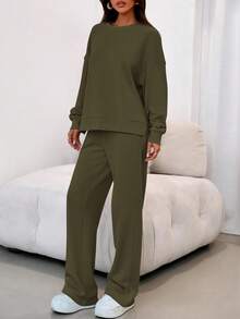 Women's Two-Piece Suit, Sports Suit, Loose Sweatshirt, Sports Pants, Autumn Fashion Casual Matching Suit. - 軍綠色 - 查看 5