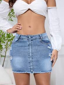 Women Slim-Fit Stretchy Denim Short Skirt Fashion Zipper Ripped Fringed Edges Sexy Bodycon Summer Casual Jeans Skirt - 淺色水洗藍 - 查看 1