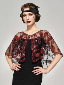 1 Stück Eleganter Vintage Damen Schal aus den 1920ern mit Pailletten, Pailletten- & Perlen-besetzter Retro Kurzblazer, bestickter Spitzenrand Schalkragen, Streetstyle Outfit, Pailletten Top für Nachtclubs, Bühnenkostüm, modisches Party- & Abendkleid Accessoire