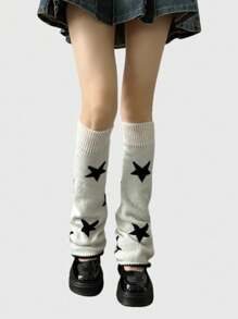 Retro American Style Knitted Leg Warmers, Five-Pointed Star Pattern, Flared Leg, Reversible, Slimming Slouchy Leg Warmers, Fall / Winter