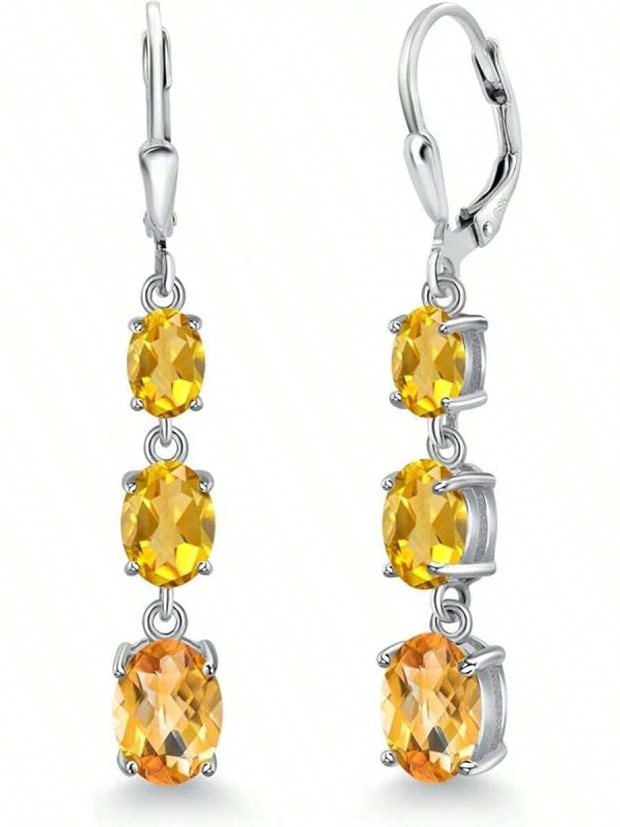 Gem Stone King 3-Stone Leverback Drop Dangle Earrings Women | 925 Sterling Silver | Gemstone Birthstone | Oval 8X6MM 7X5MM And 6X4MM | Fine Jewelry Gifts Her Mom Women Wife - 黃水晶/棋盤,十一月 - 查看 1