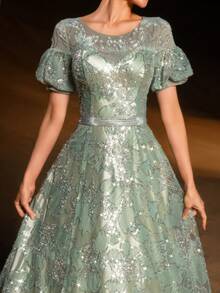 GIFORU Luxury Pastel Green Floral Sequin Gown - Puffed Sleeves A-Line Evening Dress With V Back & Crystal Embroidery For Art Gallery Openings, Vienna Balls And Luxury Galas Wedding Prom Dress Wedding Dresses For Bride Formal Dresses For Women White Dress New Year Elegant Dresses For Party Elegant Long Graduation Dress Sparkly Dress - Cỏ xanh - Xem 2