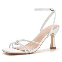 Women Square Open Toe Ankle Buckle Slingback Kitten Heels Summer Dress Sandals - White - View 1