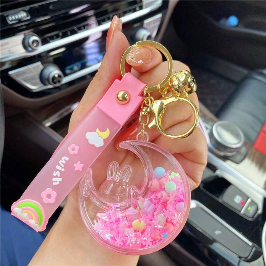 2025 New Creative Cartoon Moon Rabbit Quicksand Keychain Pendant Backpack Pendant Bag Pendant Small Gift Cute Quicksand Pendant Men's And Women's Fashion Keychain Car Keychain Send Family Friends Christmas Holiday Gift Accessories - 粉色 - 查看 1