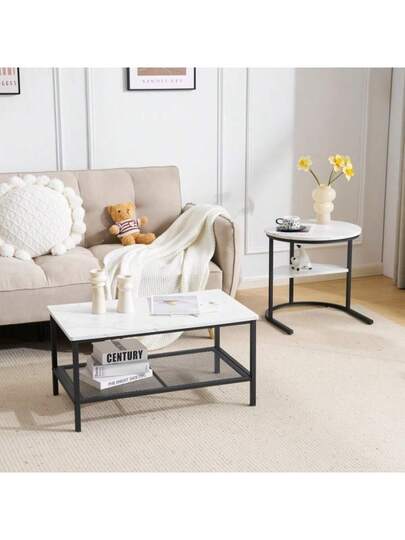 ネストテーブル 2点セット - 入れ子式デザイン、大理石調天板、収納