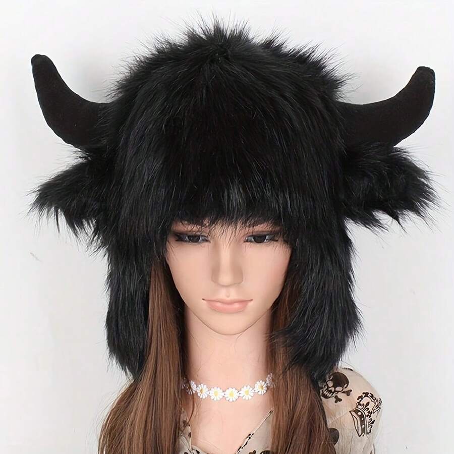 Women's Cow Skull Bucket Hat With Fluffy Horns - Winter Warm Ear Muffs, Soft Faux Mink Material, Suitable For Cold Weather Fashion Accessory, Cow Skull Hat, Outdoor Headwear, Halloween Costume Hat, Unique Sound-Making Headpiece, Warm Headgear, Essential For Women Fall - Multicolor - View 1