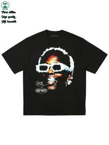 Camiseta gráfica vintage ASAP Rocky - 2025 Nueva camiseta de algodón pesado de 230g con estampado geométrico, ajuste regular de manga corta y cuello redondo, mercancía de concierto de hip hop para hombres, camiseta de hip hop, ropa casual, camiseta de patrón audaz, tela transpirable - Negro - Ver 2