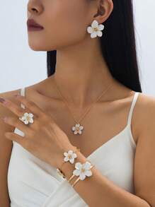 Juego de 5 piezas con forma de flor que incluye pulsera, anillo, collar y aretes