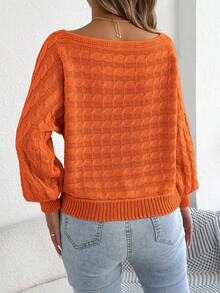 Casual Basic Wide Neckline Cable Knit Long Sleeve Pullover Sweater, Autumn/Winter - Orange - View 2