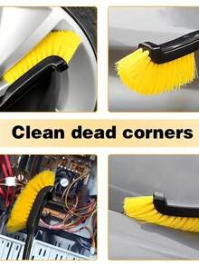 1 pieza Cepillo para llantas de coche, cepillo con cerdas duras y suaves, cepillo de anillo de acero para limpiar manchas en las ranuras, herramienta esencial para el lavado de coches - Amarillo - Ver 3