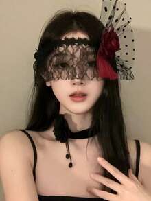 1 件万圣节服装派对面具，彩色黑红玫瑰蕾丝兔子蜘蛛网耳罩面罩，摄影道具，哥特式蕾丝面具，性感内衣配饰
