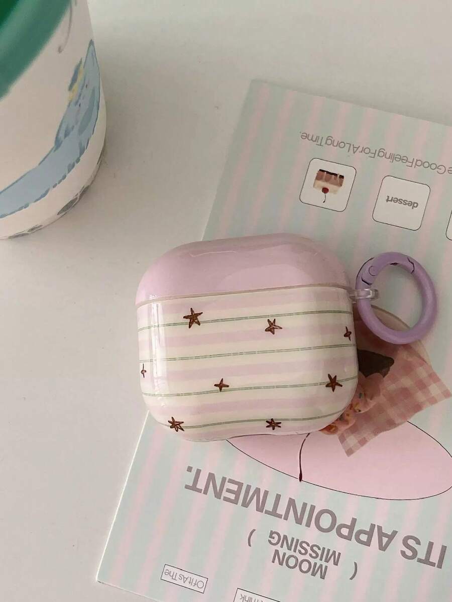 Purple Striped Star Pattern Earphone Case + Hanging Ring Compatible With Apple Pro 2/ Pro/ 4/ 3/ 2 - Mauve Purple - View 1