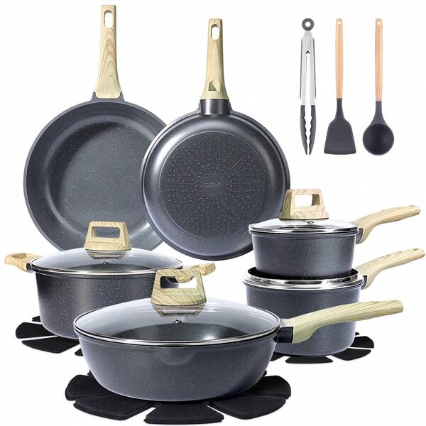  Juego de ollas y sartenes cerámicas antiadherentes GiPP - Juego de 18 piezas de utensilios de cocina antiadherentes, juego de cocina saludable con juego de sartenes