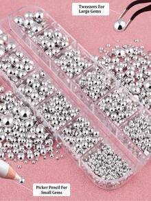 12 格 3D Ab 银色半珍珠指甲饰物，2000 件平底半圆形珍珠用于美甲，6 种尺寸 Ab 金色珍珠珠子水钻用于美甲设计 DIY 工艺品珠宝制作衣服鞋子装饰美甲用品指甲美甲宝石 - 銀色 - 查看 4