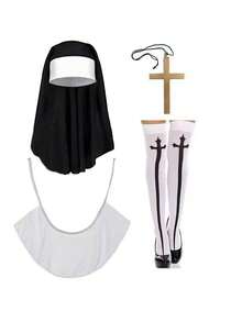 1 Set Women's Nun Costume Outfit (Includes Headpiece, Scarf, Cross, Thigh High Socks) For Halloween Party Role Play