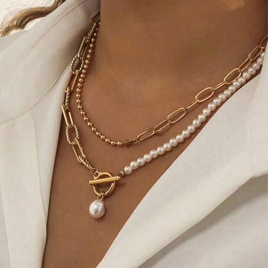GARMEND 1 件复古风格双层珍珠吊坠项链，个性化不锈钢长串珠链，适合女性服装配饰、约会和户外穿着 - A - 查看 1
