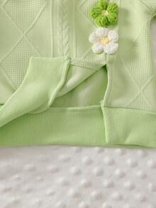 2 件套女婴时尚韩版休闲绿色花卉装饰纹理运动衫和不对称下摆裤子套装，秋冬 - 綠色 - 查看 7