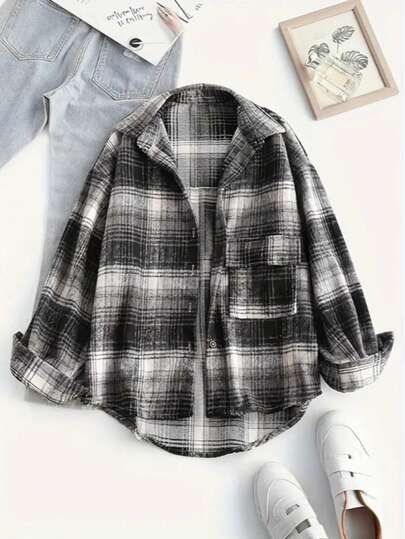 Camisa casual con botones, cremallera y bolsillo a cuadros, talla grande