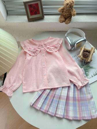 Ensemble 2 pièces chemise col lotus et jupe plissée pour jeunes filles, style académique pour 4-8 ans