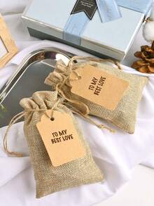 Túi quà bằng vải lanh thô có thể tái sử dụng, có dây rút và thẻ quà tặng, thích hợp làm quà tặng đám cưới, túi đựng trang sức dự tiệc, quà Giáng sinh, đồ thủ công tự làm. - Màu Khaki - Xem 4