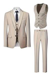 Men's 3-Piece Suit, Solid Color Business Suit, Including Jacket, Vest And Pants, Modern Fit, Suitable For Formal Occasions Such As Weddings And Parties, Long Sleeves, Machine Washable - Màu be - Xem 3
