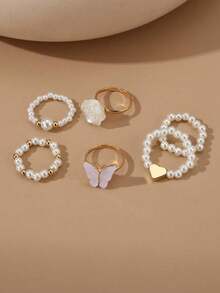 6pcs/Set Girls Butterfly, Pearl, Flower, Heart Shaped Ring Set - Multicolor - View 4