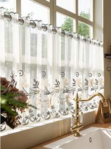 1pc Hang Rod Free Installation Floral Embroidered Half Short Curtain, Suitable For Bedroom, Kitchen, Living Room Home Divider - Multicolor - View 7