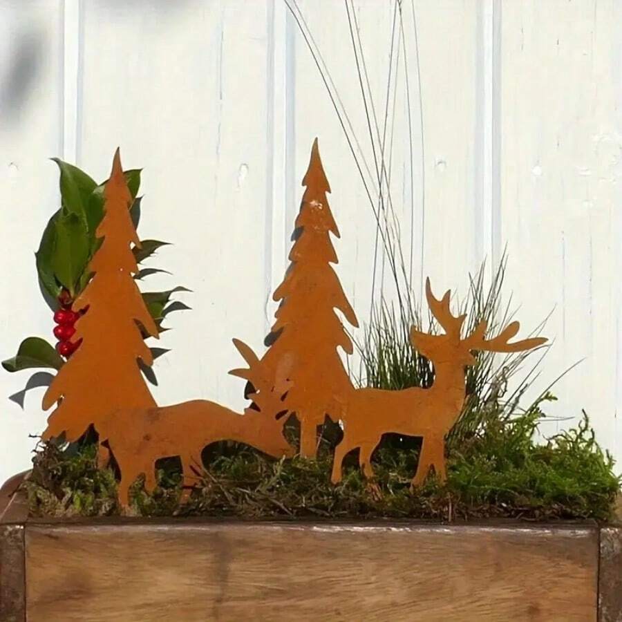 4pcs Rustic Christmas Garden Stake Set - Metal Elk & Spruce Tree Decorations, Outdoor Yard Signs With Anti-Rust Plugs For Holiday Cheer