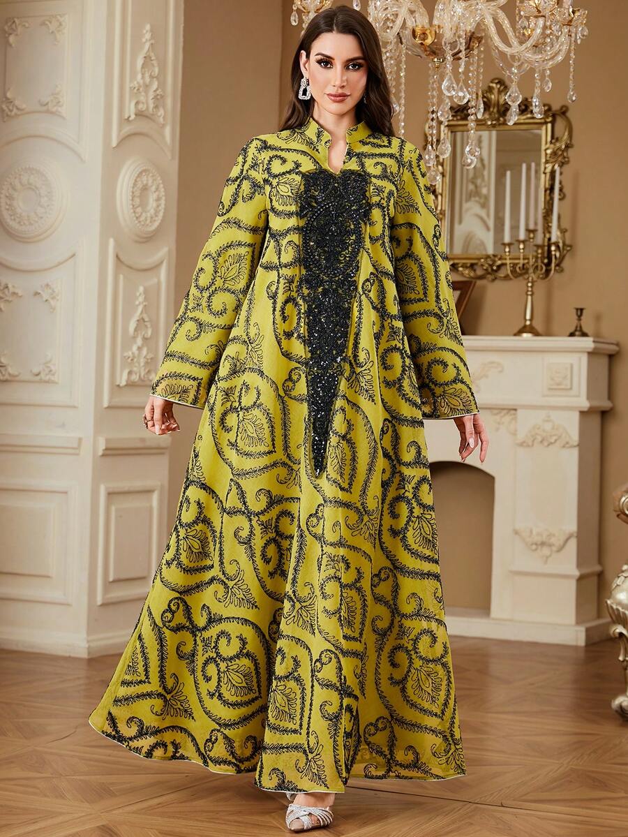 Women's Embroidered Robe, Ramadan Moroccan Applique Robe, Arabic Islamic Dubai Abaya Ramadan Prayer Gown, Random Cut Dubai Long Dress